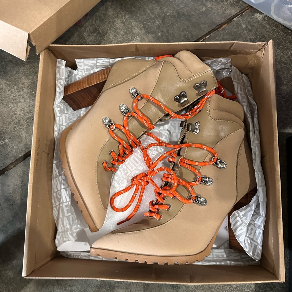 Steve Madden Tan Lace-Up Wedge Boots with Orange Accents